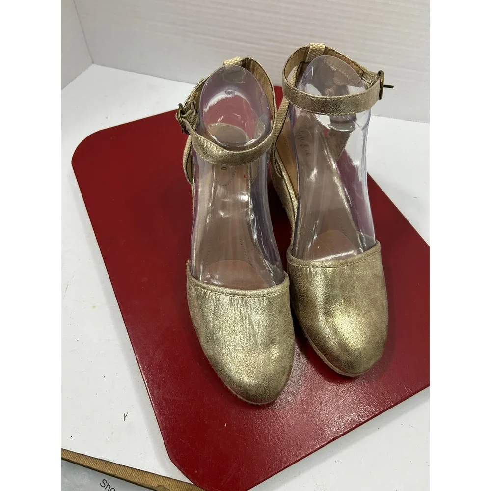 Style & Co Metallic Espadrille Wedges 8M Gold Ankle Strap Boho Summer Glam